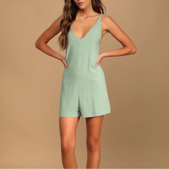 Lulus Pants - Lulus out to brunch linen blend sage tie back romper size L